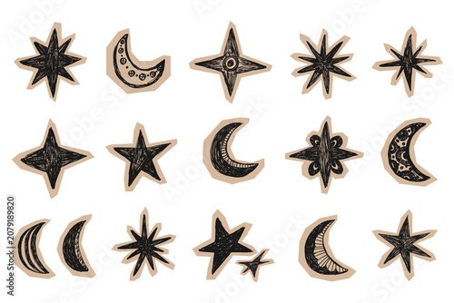 Scrapbook collage cutout sparkles and moon set. Hand drawn celestial sticker set with sketchy stars, crescent moons, and sunburst for boho decor, planners, scrapbooking, nursery prints