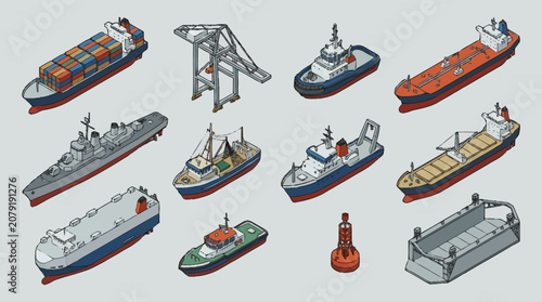 Foto Collection of various ships and maritime vessels illustration.