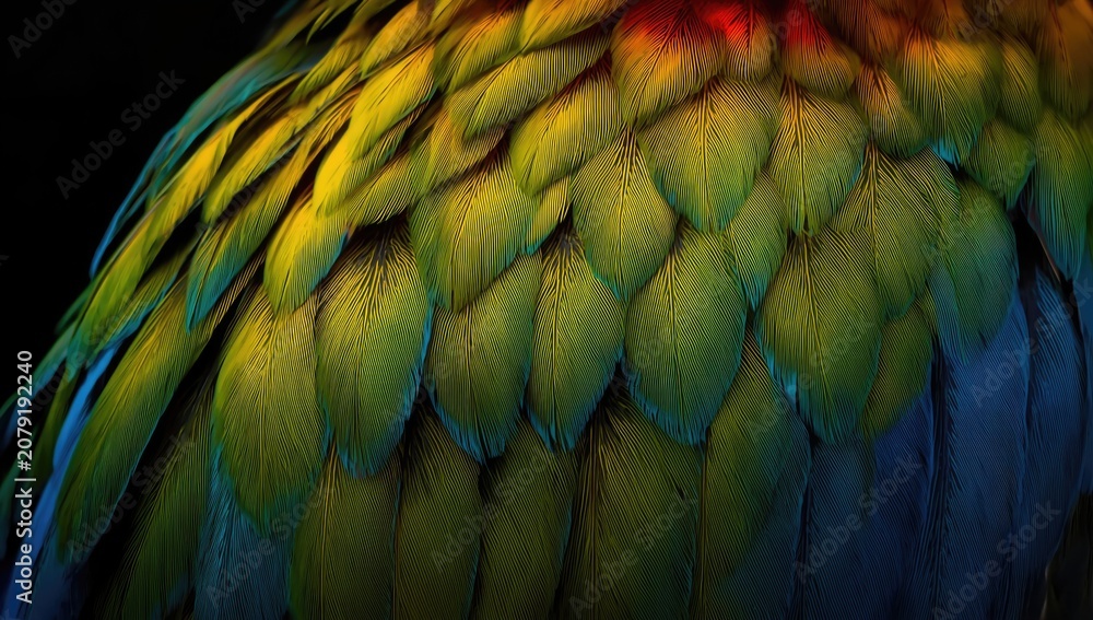 Obraz premium Colorful feathers of a parrot against a dark background