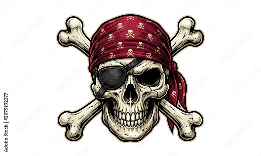 Fototapeta premium Badass Pirate Skull with Red Bandana and Eye Patch Vector Logo