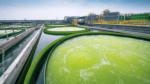Large industrial facility with circular ponds filled with green liquid