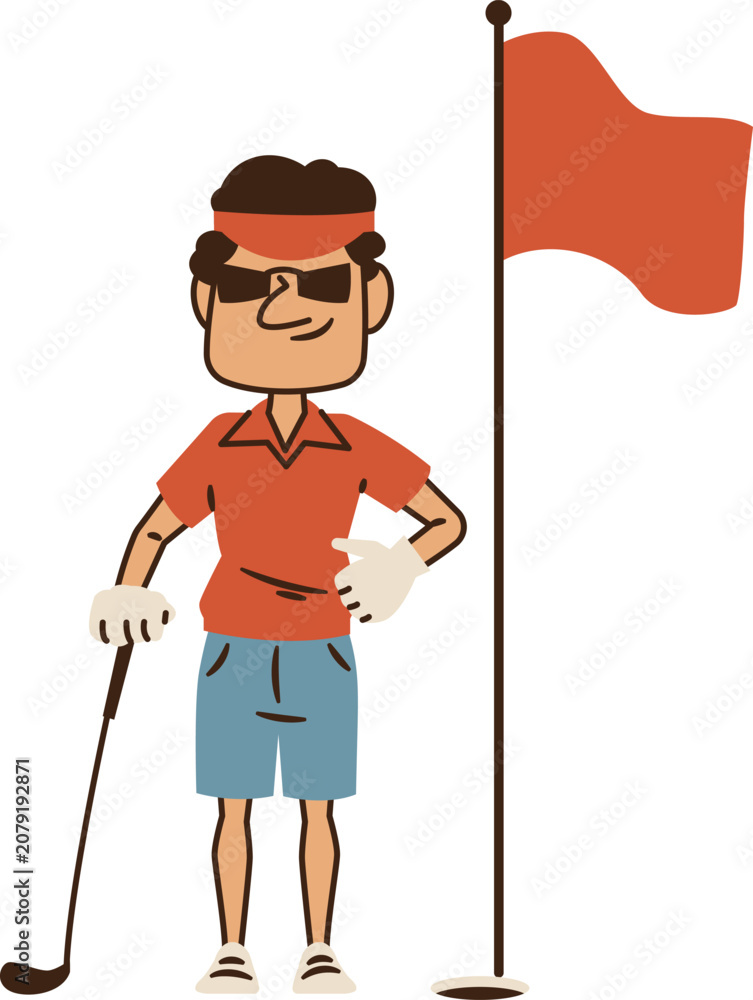 Fototapeta premium Cartoon confident golfer man standing near hole with flag vector