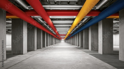 Long concrete corridor with vibrant overhead pipes creating a tunnel effect
