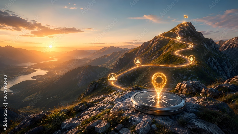 Naklejka premium Journey to Success: Compass and Glowing Path Leading to Mountain Summit Flag at Sunrise