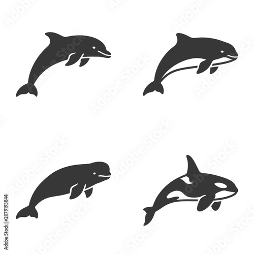 Black silhouettes of dolphins swimming.