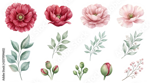 Watercolor flowers and leaves arrangement