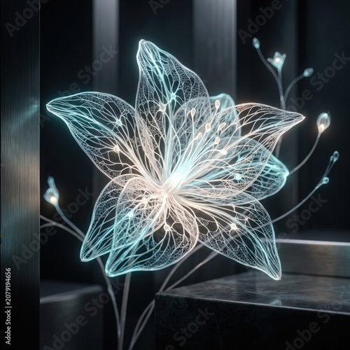 Glowing translucent flower sculpture in a dark modern setting with ethereal light