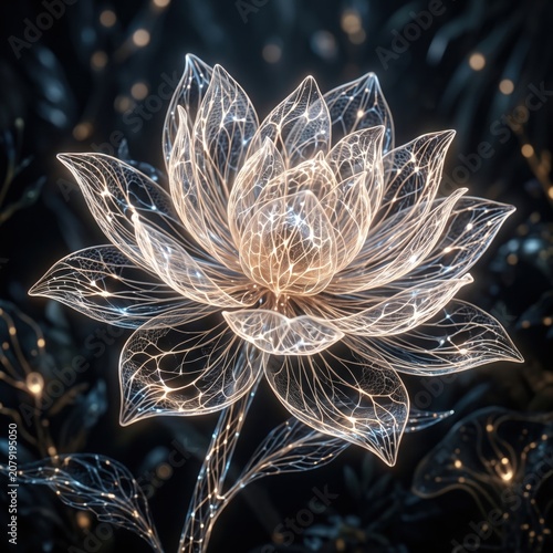 Glowing translucent lotus flower blooming in a dark ethereal garden setting