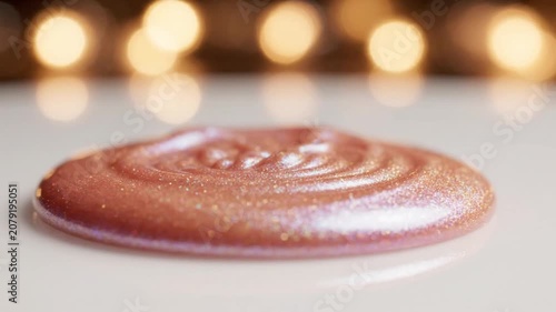 Elegant Rose Gold Glitter Liquid Pouring on White Surface with Warm Bokeh Background
