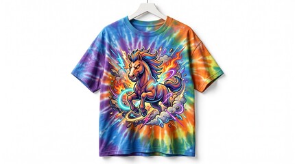 Vibrant tie-dye t-shirt on hanger displays horse design indoors on white