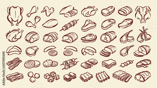 Tableau sur toile Meat cuts doodle vector illustration set with hand drawn butcher poultry steak b