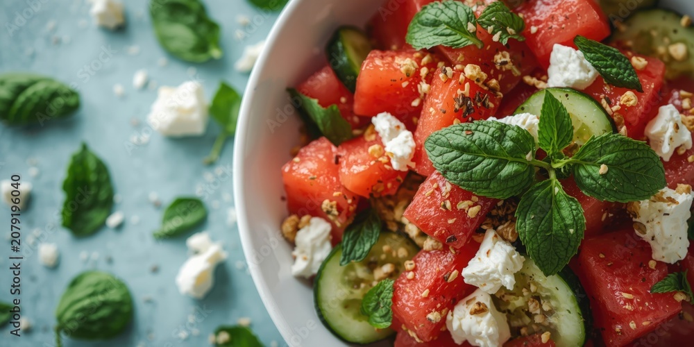 Fototapeta premium Watermelon and cucumber salad with feta cheese and mint leaves