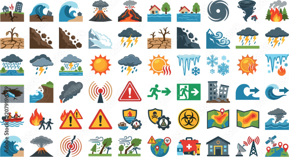 Fototapeta premium Natural Disasters and Extreme Weather Icon Set with Earthquakes Volcanoes Tsunamis Floods Tornadoes Wildfires Droughts Emergency Rescue and Evacuation Vector ElementsNatural Disasters and Extreme Weat