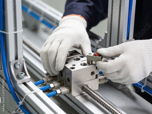 Technician wearing gloves installs a pneumatic valve manifold in an industrial automation system