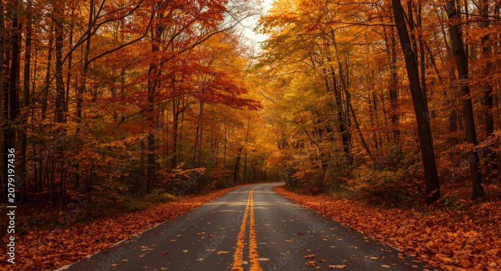 Fototapeta premium Scenic autumn forest road covered with colorful fall leaves under warm golden light