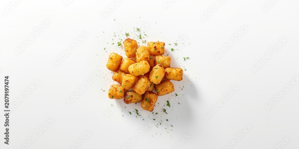 Obraz premium Golden crispy tater tots garnished with fresh herbs