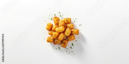 Golden crispy tater tots garnished with fresh herbs