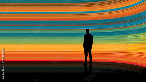Silhouette of person standing amidst vibrant, curved, horizontal bands of light