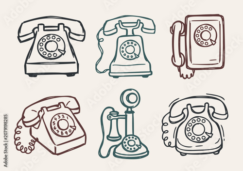 Six hand-drawn vintage rotary telephones in various line art styles on a light background