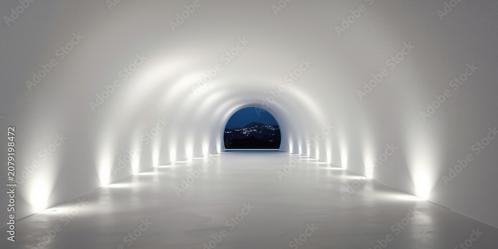 Fototapeta premium White tunnel with lights leading to a night view