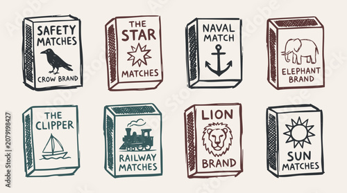 Eight hand-drawn vintage matchboxes with various brand illustrations like a crow, star, anchor, elephant, sailboat, train, lion, and sun