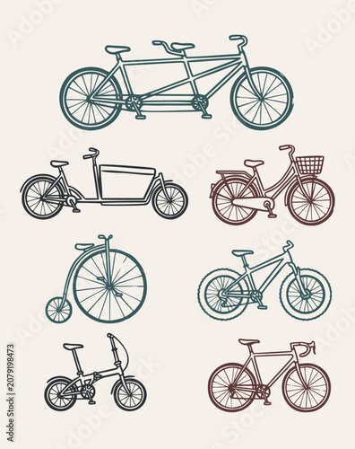 Collection of six different bicycles in various styles, hand-drawn outline vector art in dark teal and reddish-brown on a light beige background
