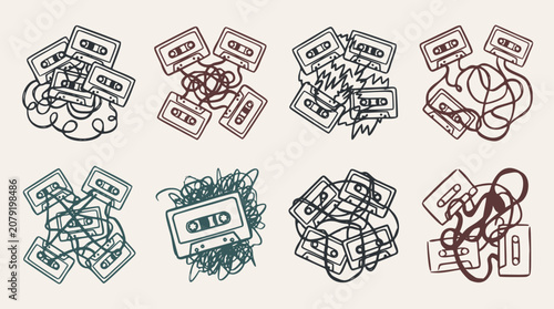 Cassette tapes in a hand-drawn outline style with tangled magnetic tape and scribbled lines on a light beige background