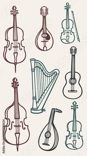Collection of various stringed musical instruments in outline vector style, including violin, cello, guitar, harp, and mandolin on a light background