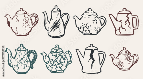 Eight hand-drawn broken teapots and coffee pots with cracks and shattered patterns on a light beige background in a doodle vector art style
