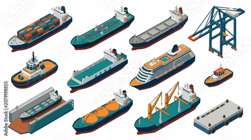 Foto Colorful isometric illustration of various ships and boats.