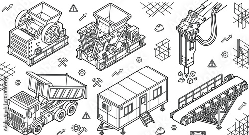 Cuadro en lienzo Isometric Mining and Quarry Heavy Equipment Set with Stone Crusher Machine Dump