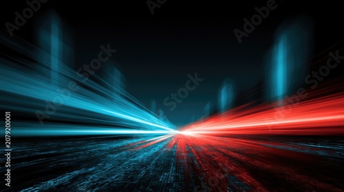 Streaks of red and blue light converge on a dark, textured surface