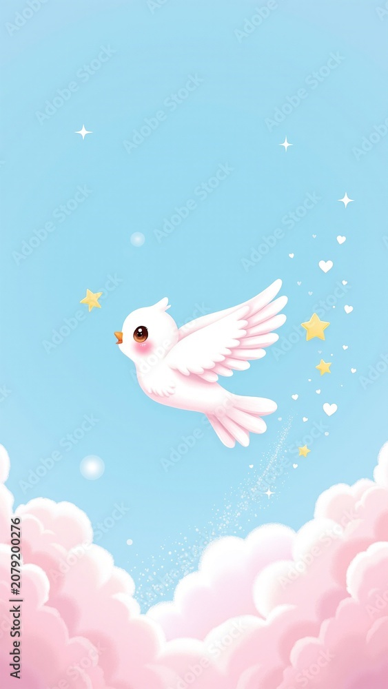 Fototapeta premium Cute Cartoon Dove Flying Through Clouds