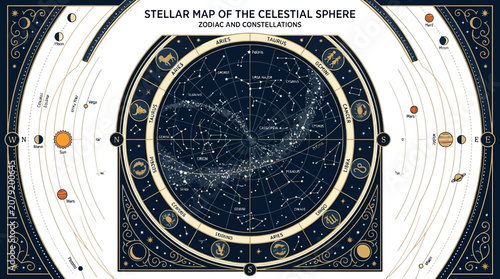 Tableau sur toile Stellar map, celestial sphere, astronomy, constellations, star chart isolated on