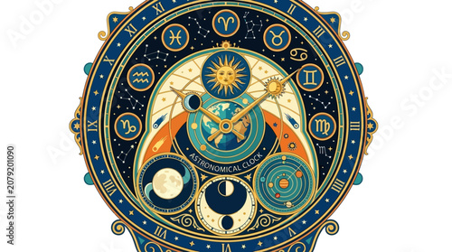 Foto Astrology, Zodiac, Celestial, Circle, Gold, Blue isolated on White Background fl