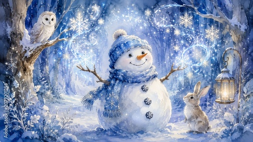 Enchanted Snowman with Owl and Rabbit in Blue Winter Forest