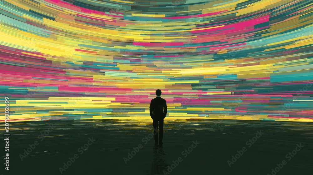 Fototapeta premium Solitary figure gazes into a vibrant, curved digital light display