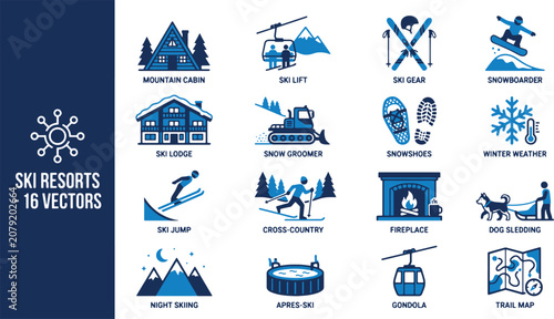 Obraz na plátně Blue and white winter sports icon set featuring skiing snowboarding mountain lod