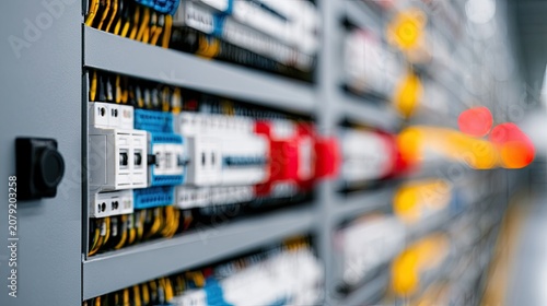 Close-up of a neatly organized electrical control panel with many wires