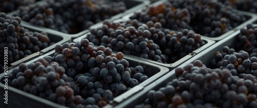 Close-up of premium Pinot Noir grape harvest packed in bins prepared for vinification