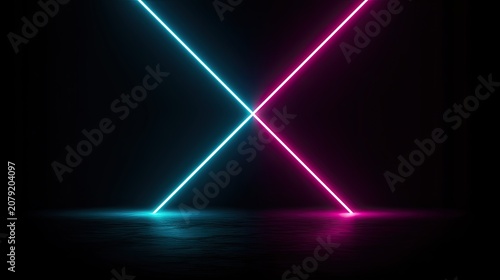 Two neon lines, one blue, one pink, intersecting in darkness with reflections