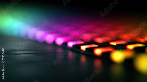 Close-up of colorful, glowing keyboard keys with bokeh effect