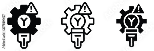 Photos Idea warning light bulb with gear and exclamation mark icon set