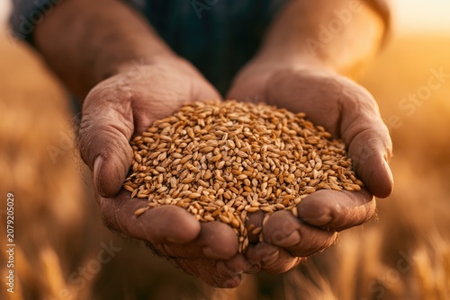 Close-up of weathered hands cupping a generous harvest of golden grains at sunset