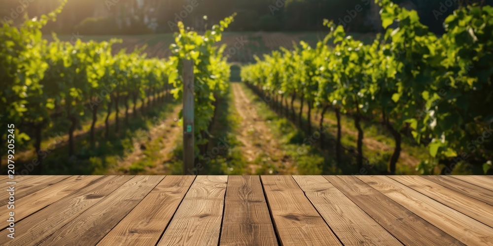 Fototapeta premium Vineyard rows with wooden table in foreground
