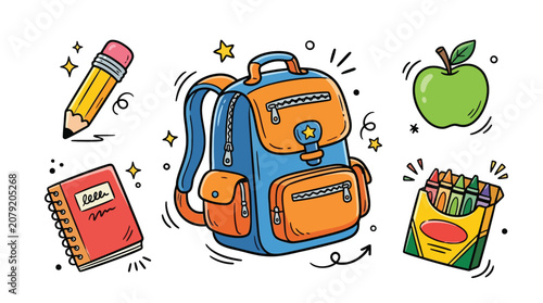 Student school supplies doodle vector illustration set featuring children backpack pencil notepad notebook box of crayons and green apple