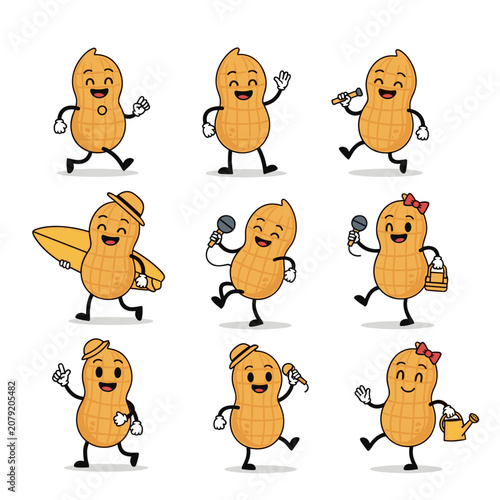 Grid of Happy Cartoon Peanut Mascots