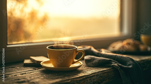 Warm morning sun illuminates a steaming cup of coffee on a rustic windowsill