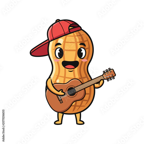 Cute Cartoon Peanut Character Playing Guitar