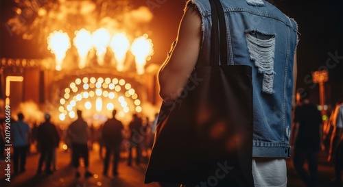 Person in denim vest carrying minimalist black tote bag at concert with pyrotechnics background